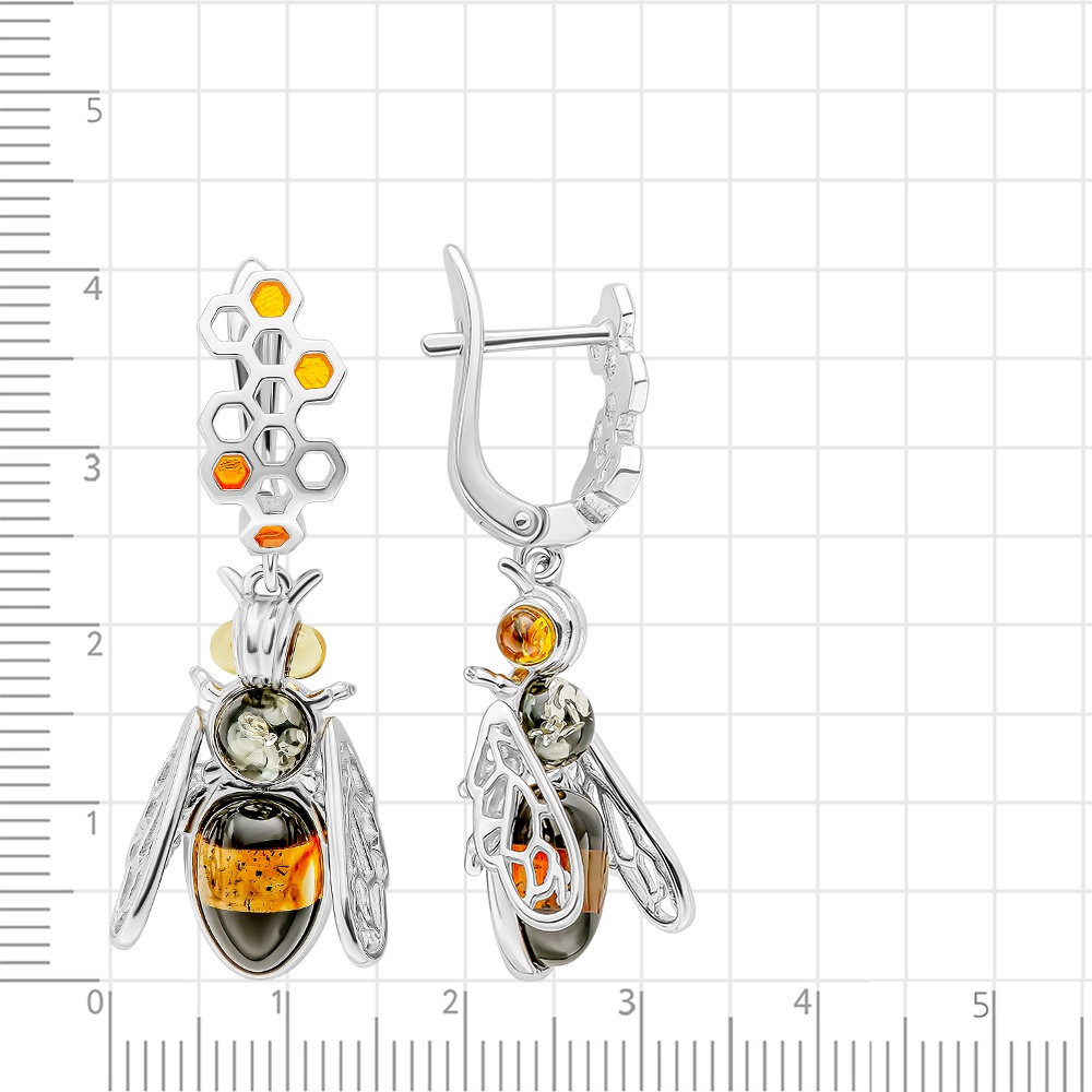 Серьги  Пчелка с эмалью и янтарьами из серебра 925 пробы