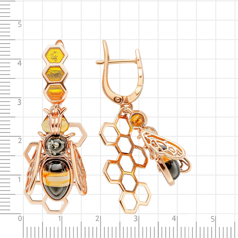 Серьги  Пчелка с эмалью и янтарьами из серебра 925 пробы