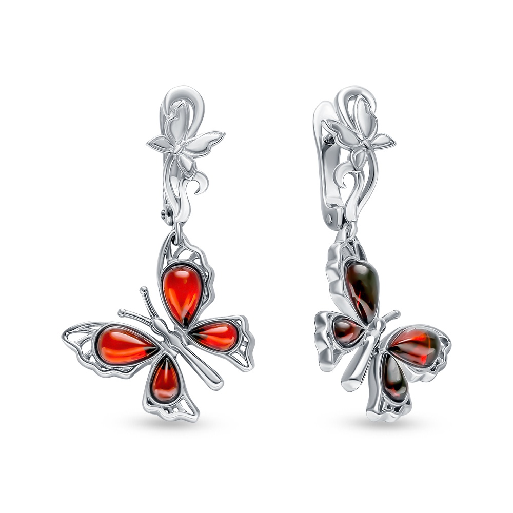 Серьги  Бабочка с янтарем из серебра 925 пробы
