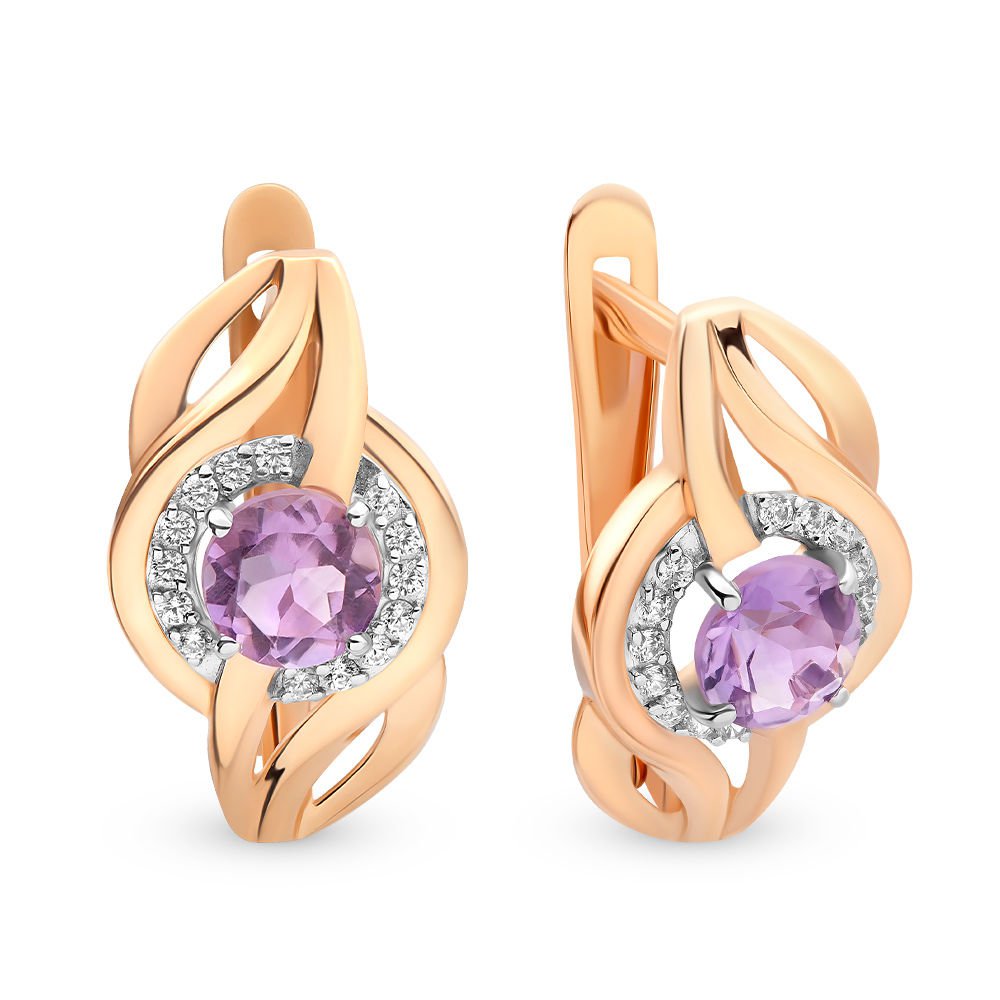 Серьги с аметистами из красного золота 585 пробы