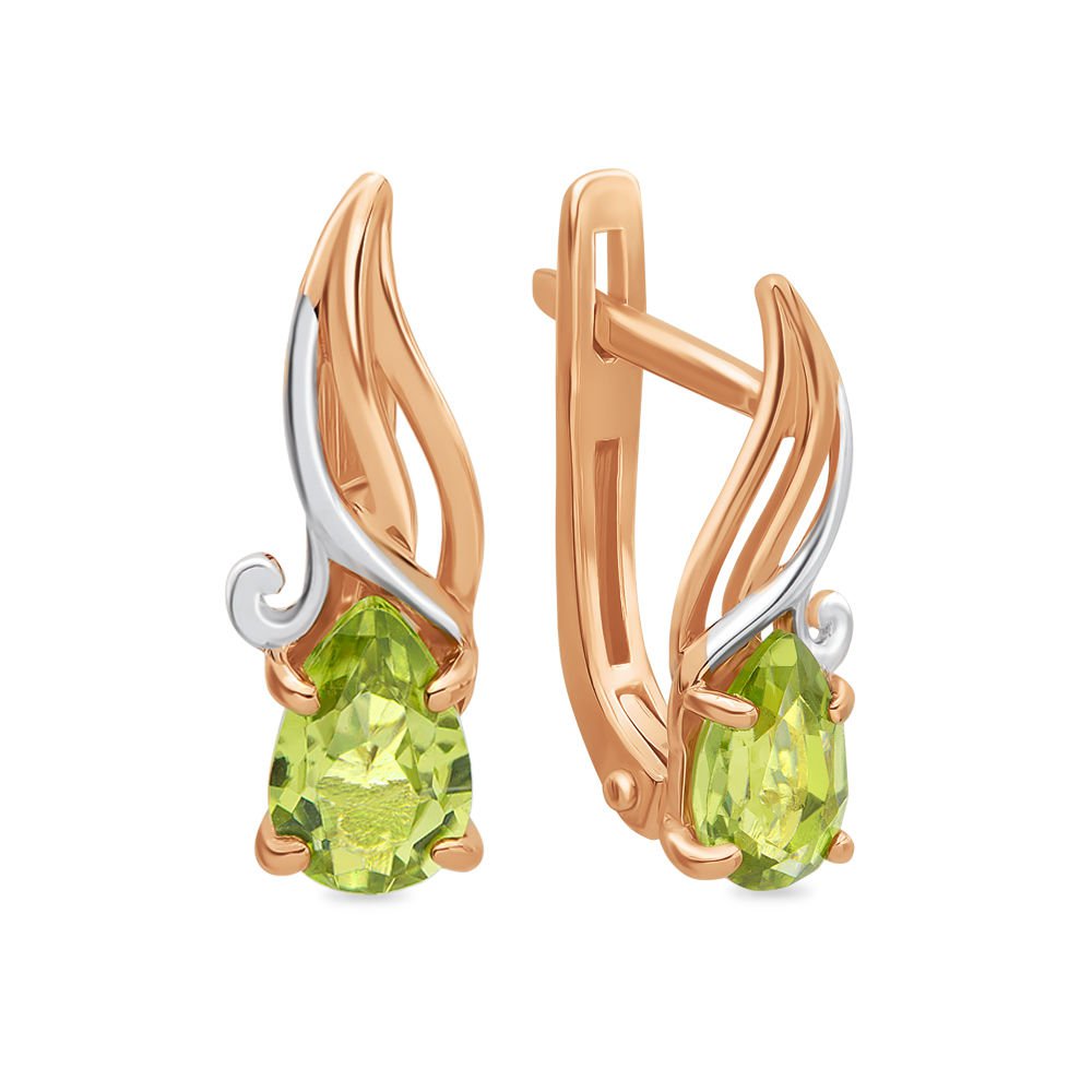 Серьги с хризолитами из красного золота 585 пробы