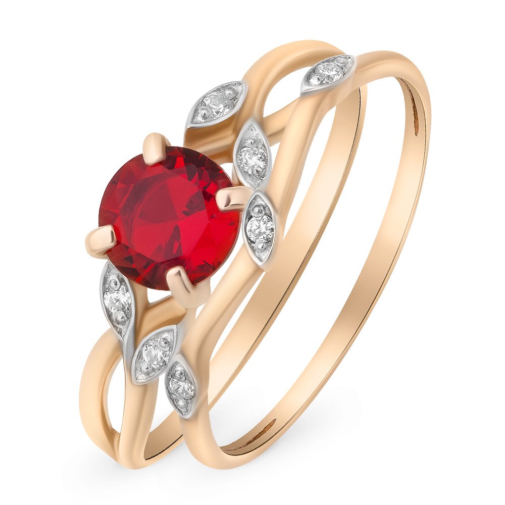 Кольцо с облагороженным рубином и бриллиантами из красного золота 585 пробы
