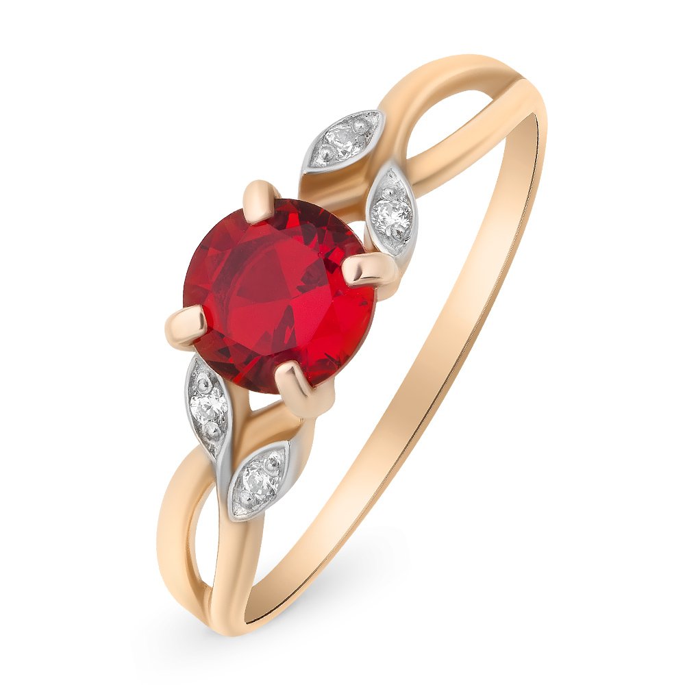 Кольцо с облагороженным рубином и бриллиантами из красного золота 585 пробы