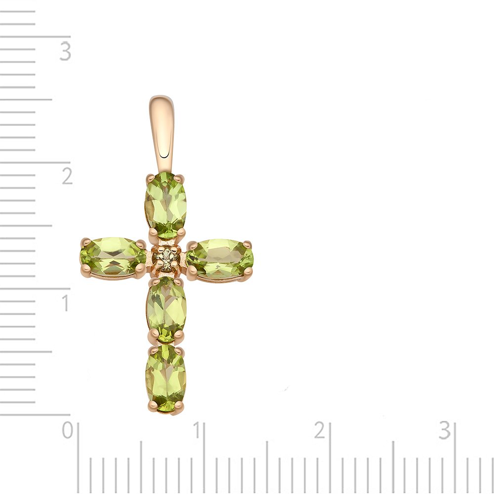 Крестик с хризолитом и фианитами из красного золота 585 пробы