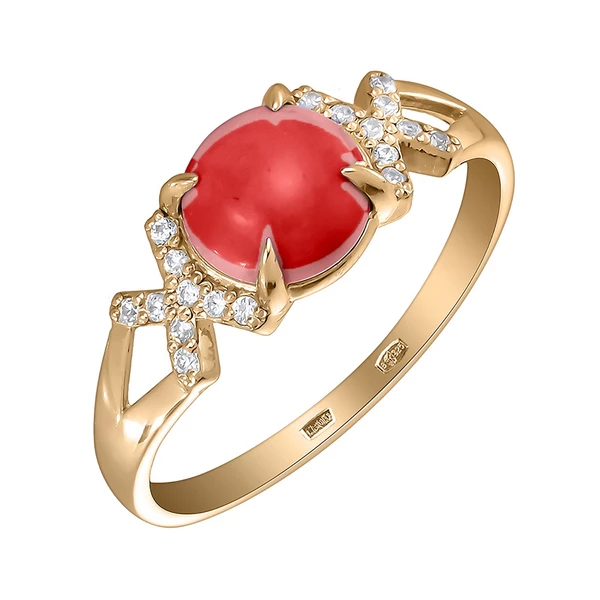 Кольцо с кораллом и фианитами из красного золота 585 пробы 1
