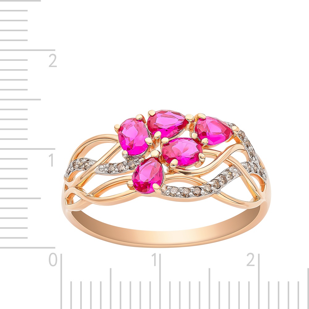 Кольцо с рубином синтетическим и коньячными бриллиантами из красного золота 585 пробы