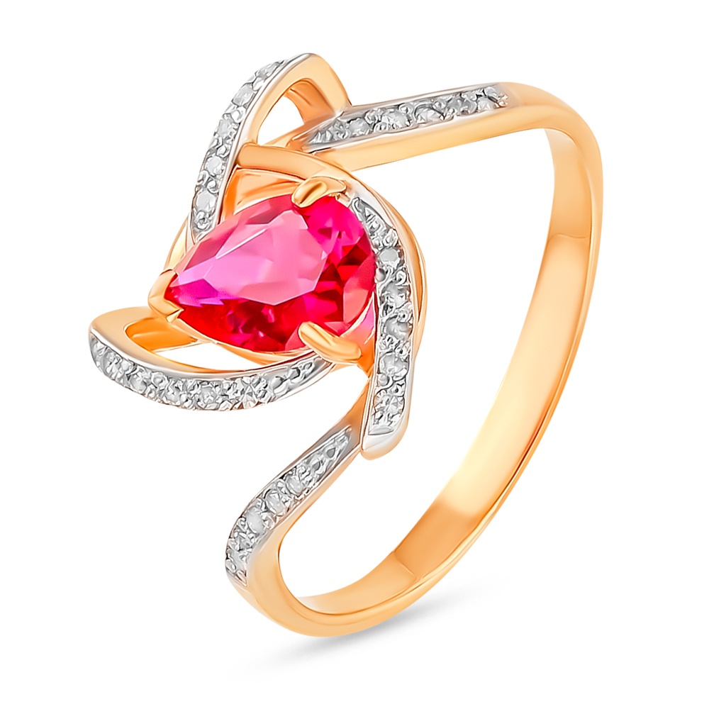 Кольцо с рубином синтетическим и бриллиантами из красного золота 375 пробы