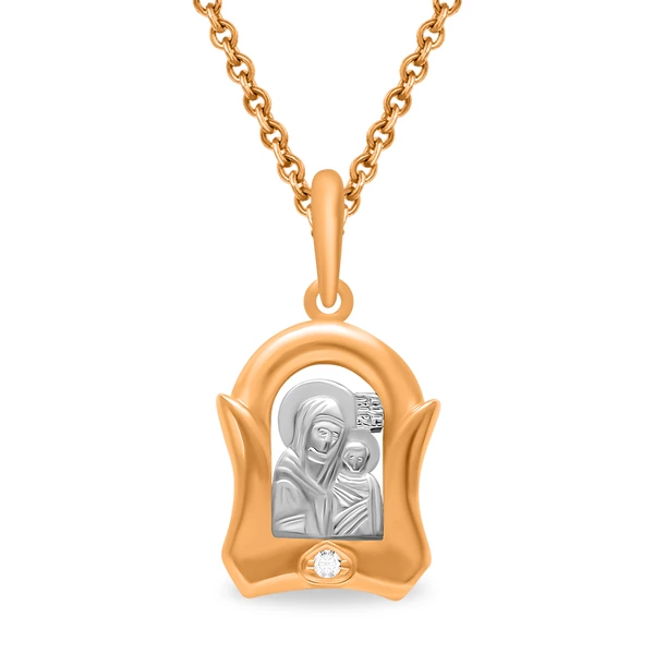 Икона Казанская с фианитом из комбинированного золота 585 пробы
