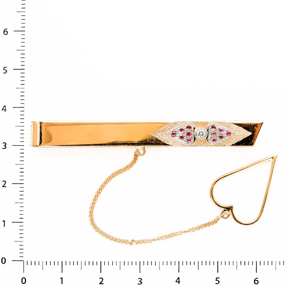 Зажим для галстука с рубинами и бриллиантом из комбинированного золота 585 пробы